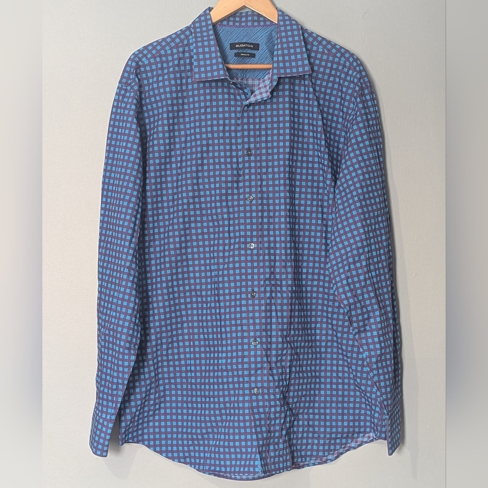 Bugatchi Mens Classic Fit XXL Purple Blue Checkered Shirt Button Down Longsleeve